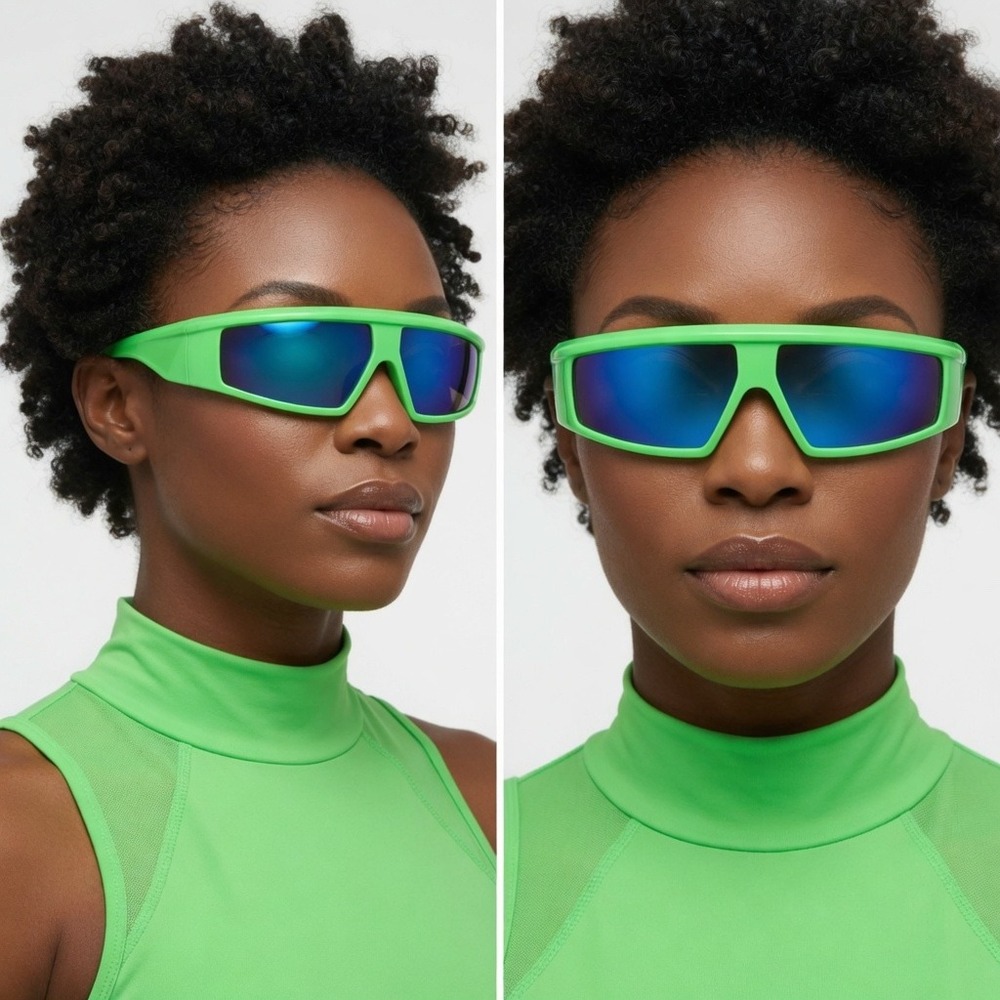 Women Sunglasses Green Frame Blue Mirrored Lens Sport Rave Luxury Lentes Gafas